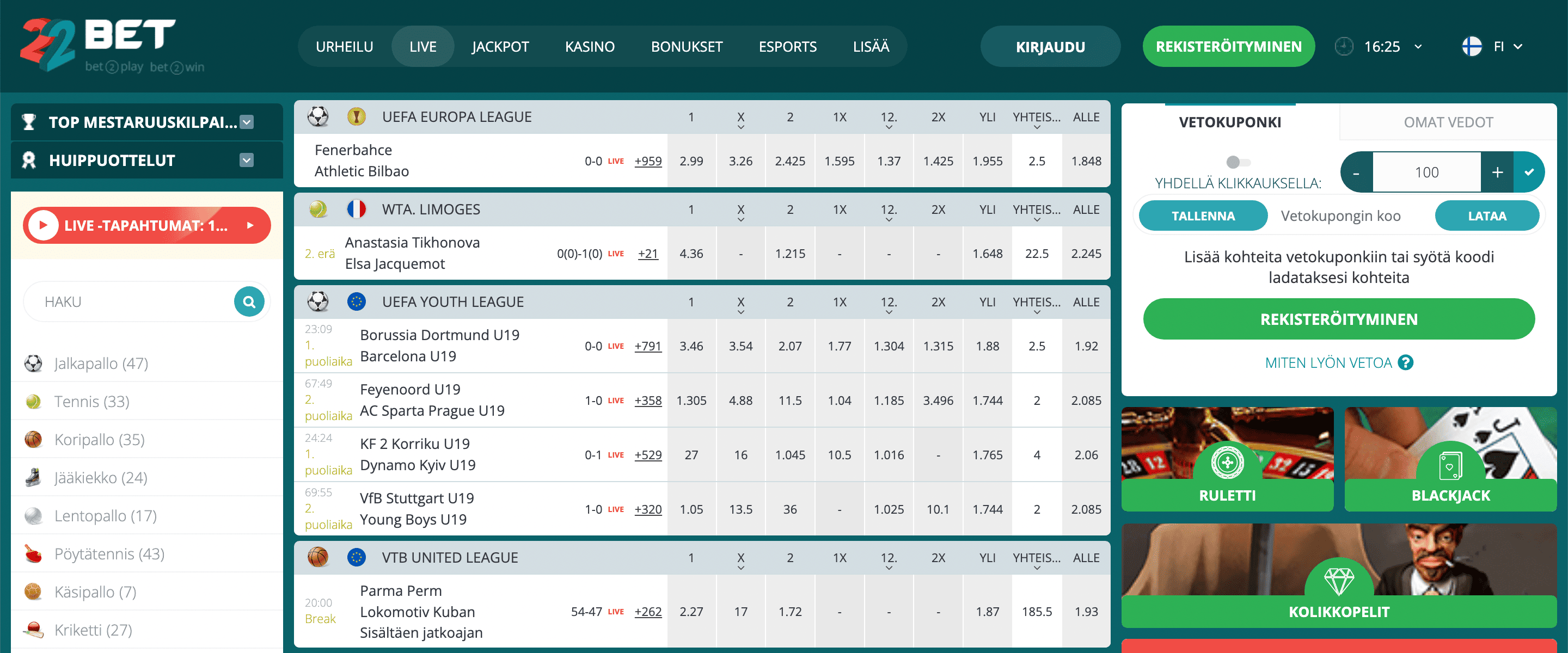 22Bet live vedonlyönti